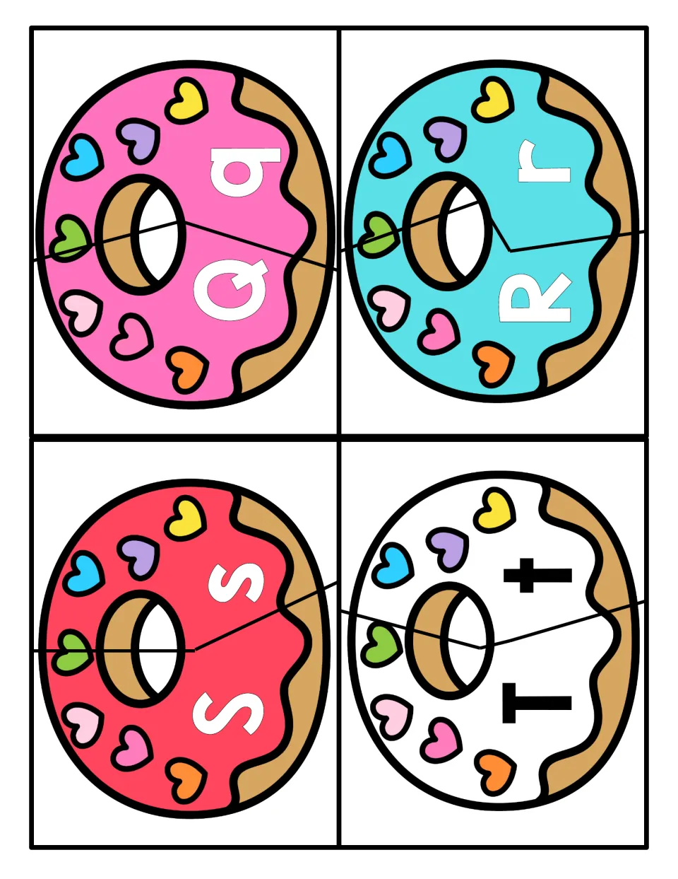 Q, R, S and T letter matching: two-piece donut puzzles pairing each capital letter with its lowercase partner