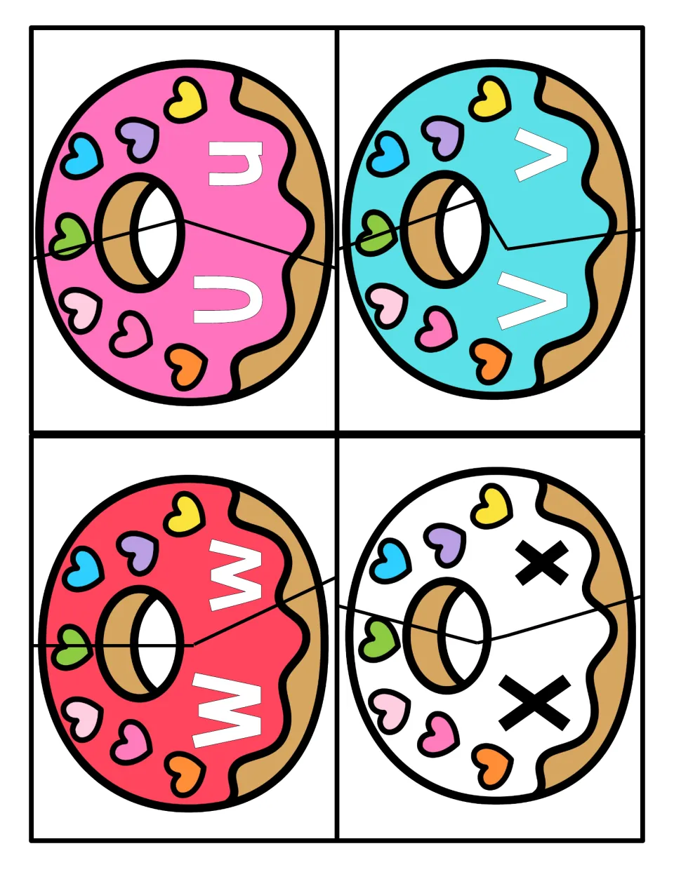 Matching U, V, W and X: students assemble donut puzzles that join each uppercase letter to its lowercase form