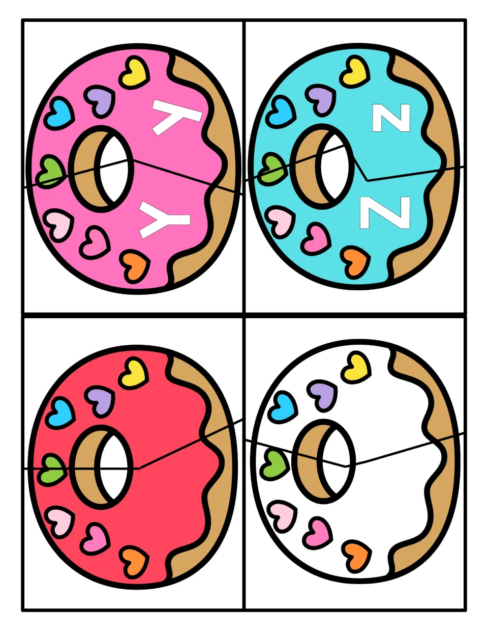 Final letters Y and Z as two-piece donut puzzles, plus a red and a white donut left blank with no letters