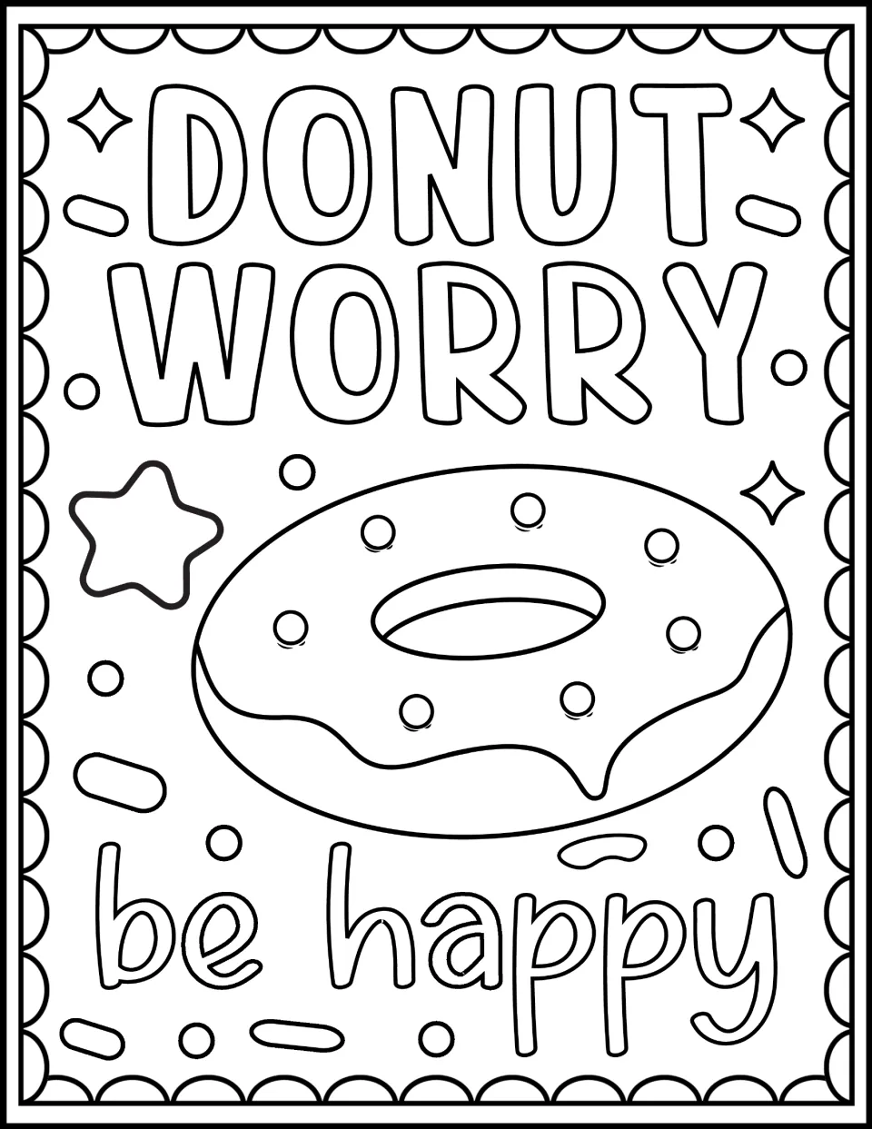 Donut Worry Be Happy coloring page: students color a sprinkled, glazed donut with stars and sprinkles around bubble letters