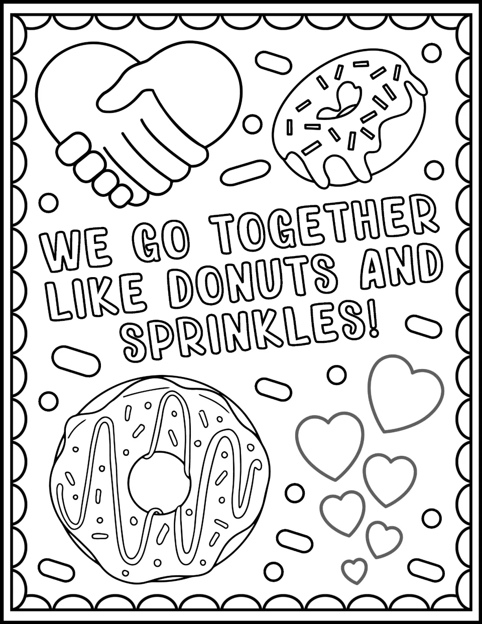 We Go Together Like Donuts and Sprinkles! coloring sheet: students color a heart handshake, two iced donuts and hearts