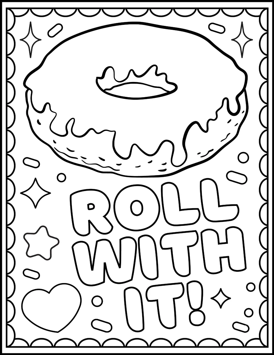 Roll With It! coloring page: students color a large glazed donut with dripping icing above bubble letters, stars and a heart
