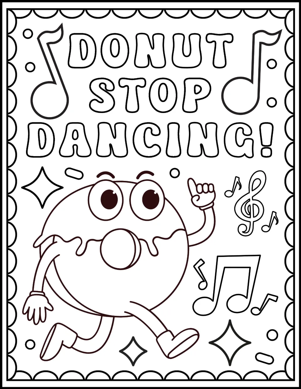 Donut Stop Dancing! coloring page: students color a cartoon donut character dancing among music notes and a treble clef