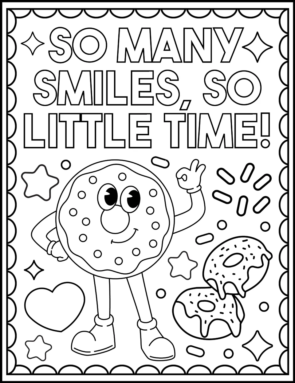 So Many Smiles, So Little Time! coloring sheet: students color a smiling donut character making an OK sign beside two donuts