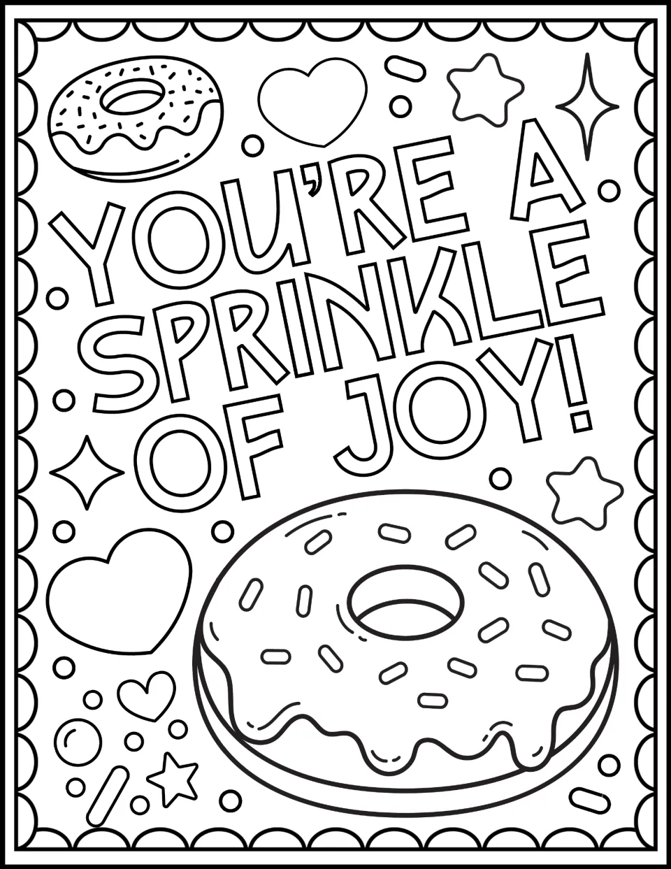 You're a Sprinkle of Joy! coloring page: students color a big sprinkled donut, a small donut, hearts and stars