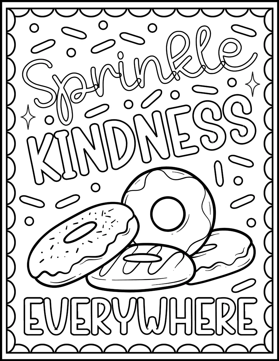 Sprinkle Kindness Everywhere coloring sheet: students color a pile of four glazed donuts beneath script and outlined letters