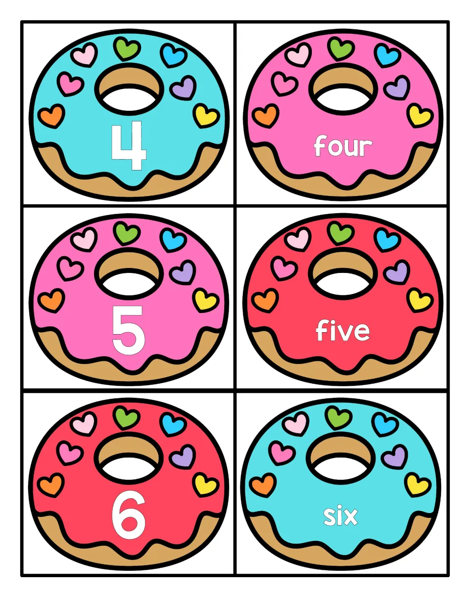 Numbers 4 to 6: donut cards show the numerals 4, 5 and 6 and separate cards with the words four, five and six to match