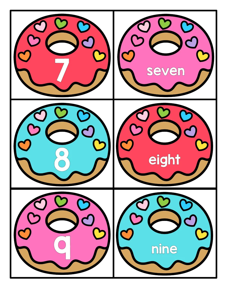 Numbers 7 to 9: heart-sprinkled donut cards with numerals 7, 8 and 9 and matching word cards seven, eight and nine