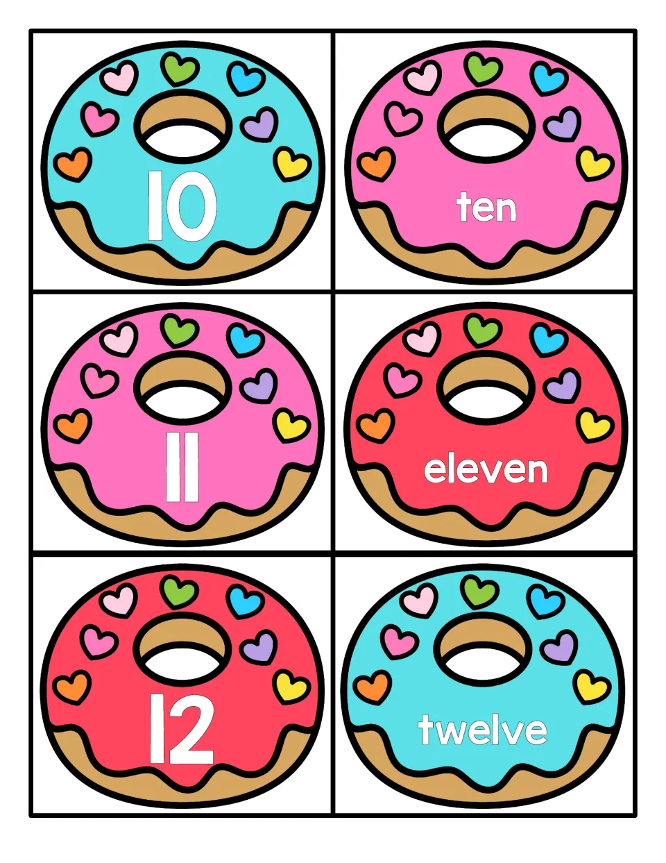 Numbers 10 to 12: donut numeral cards 10, 11 and 12 with word cards ten, eleven and twelve for matching each number name