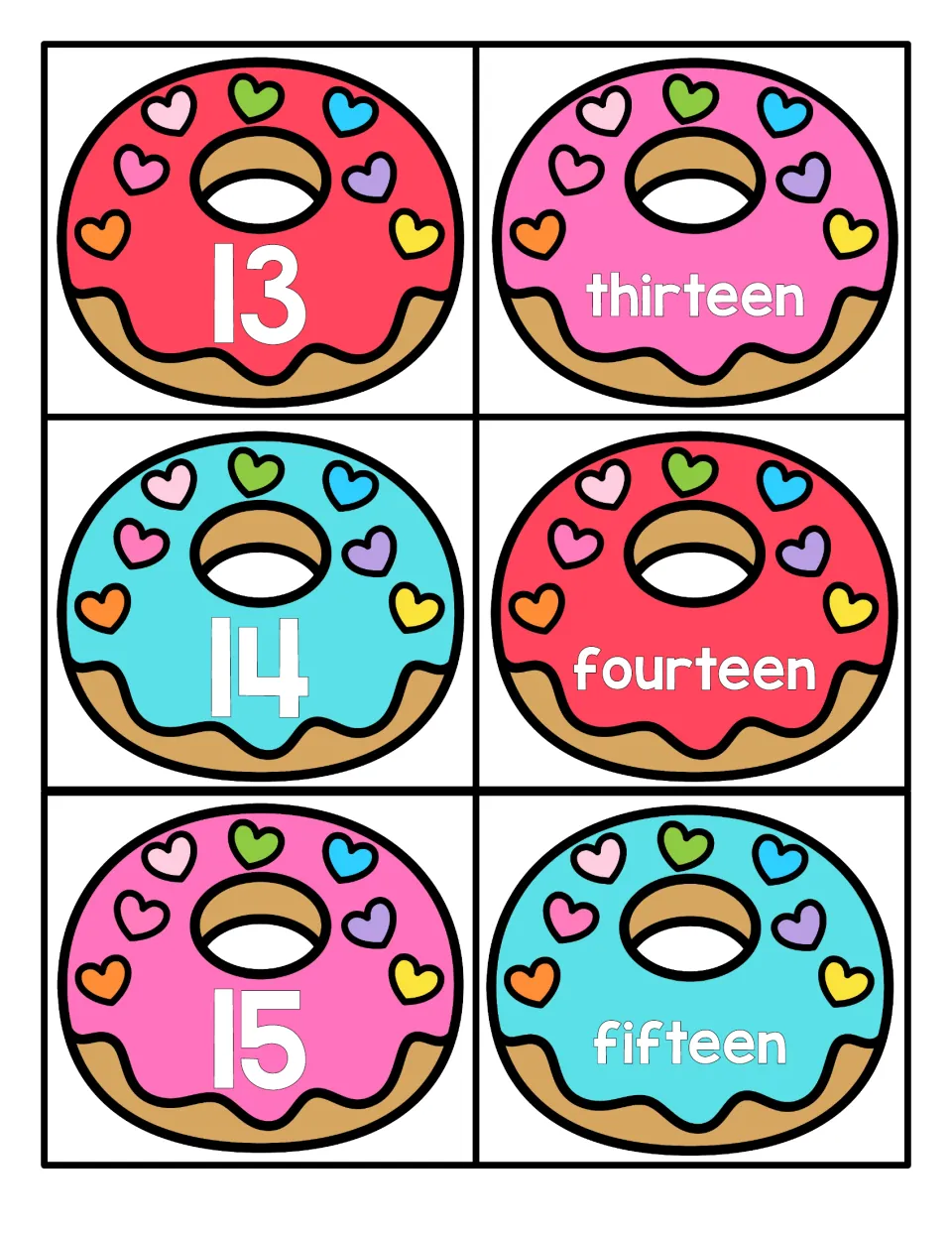Numbers 13 to 15: donut cards with numerals 13, 14 and 15 and the words thirteen, fourteen and fifteen to pair up