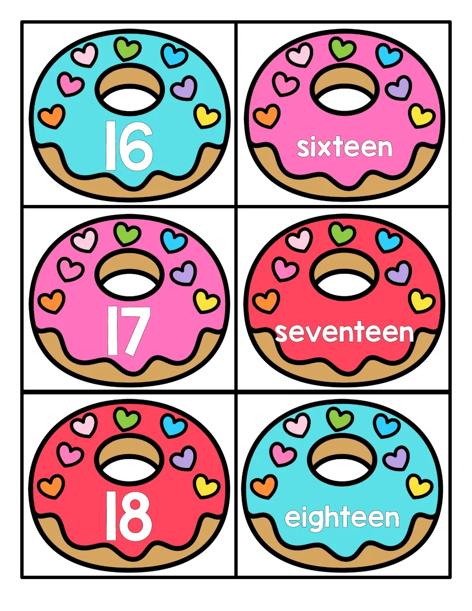 Numbers 16 to 18: donut numeral cards 16, 17 and 18 beside word cards sixteen, seventeen and eighteen for matching