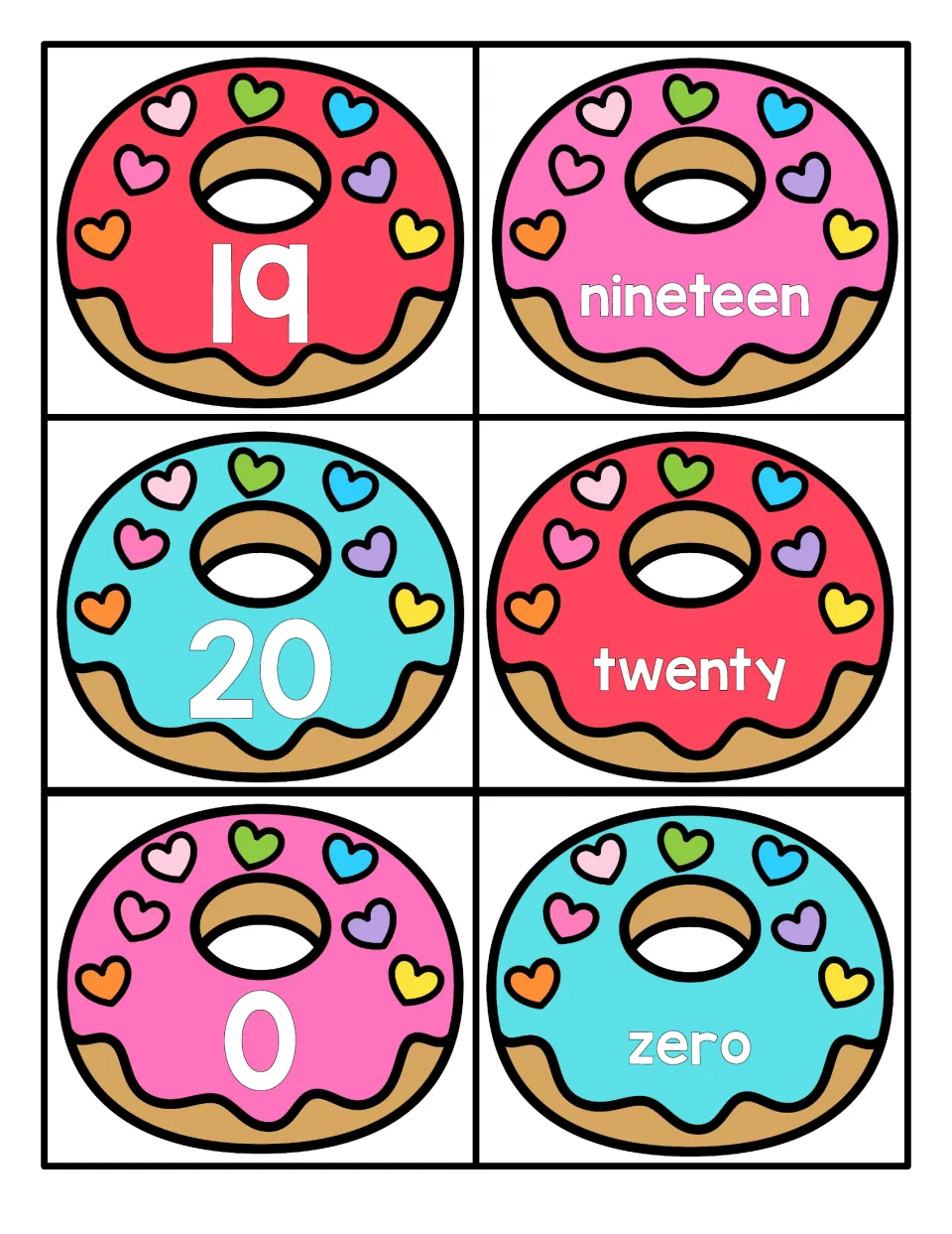 Numbers 19, 20 and 0: donut cards with the numerals 19, 20 and 0 and the matching words nineteen, twenty and zero