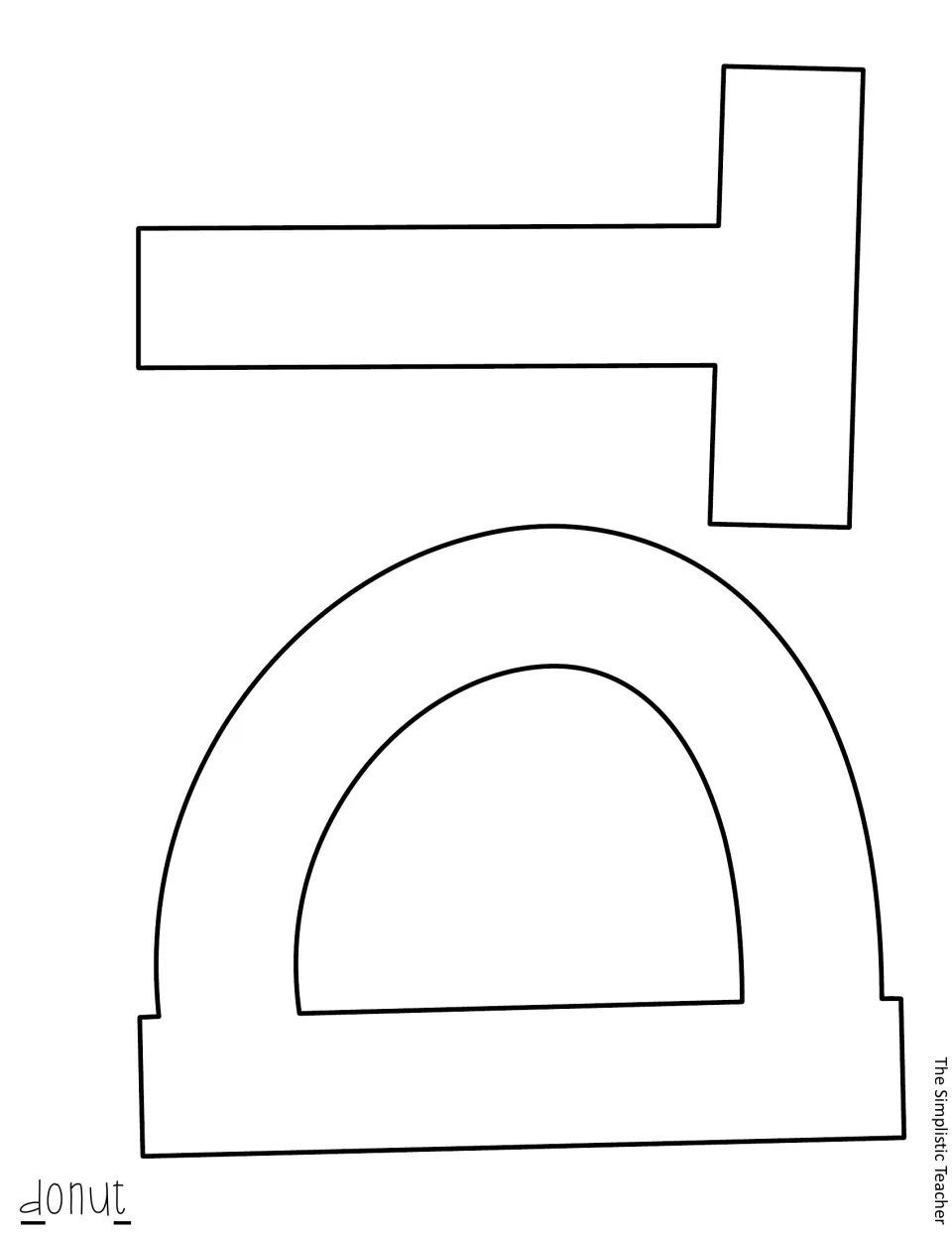 Letter templates: large lowercase d and t outlines to cut out, with a guide marking where each sits in the word donut