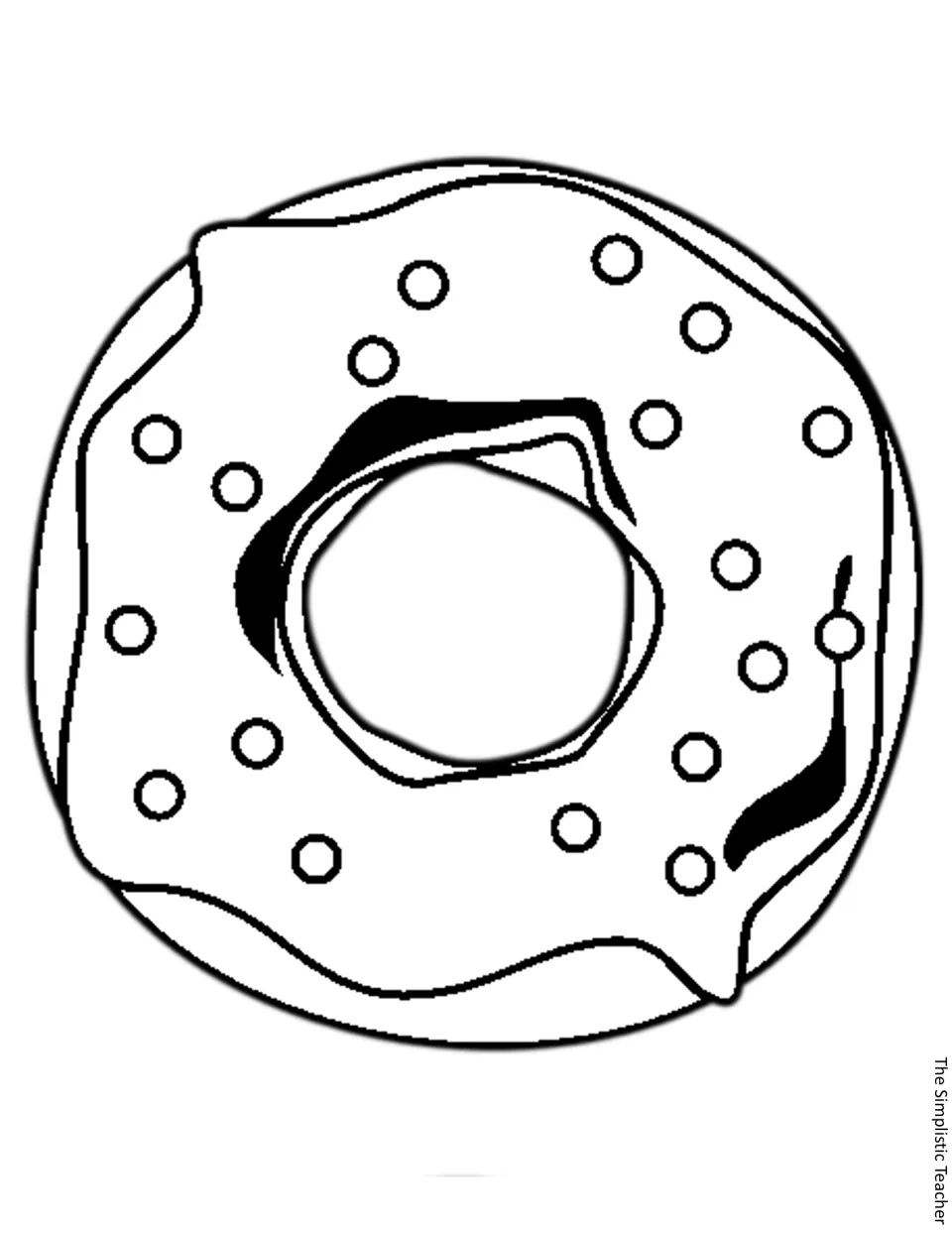 Black-and-white outline of a sprinkled donut to color and cut out as one of the decorative treats around the message