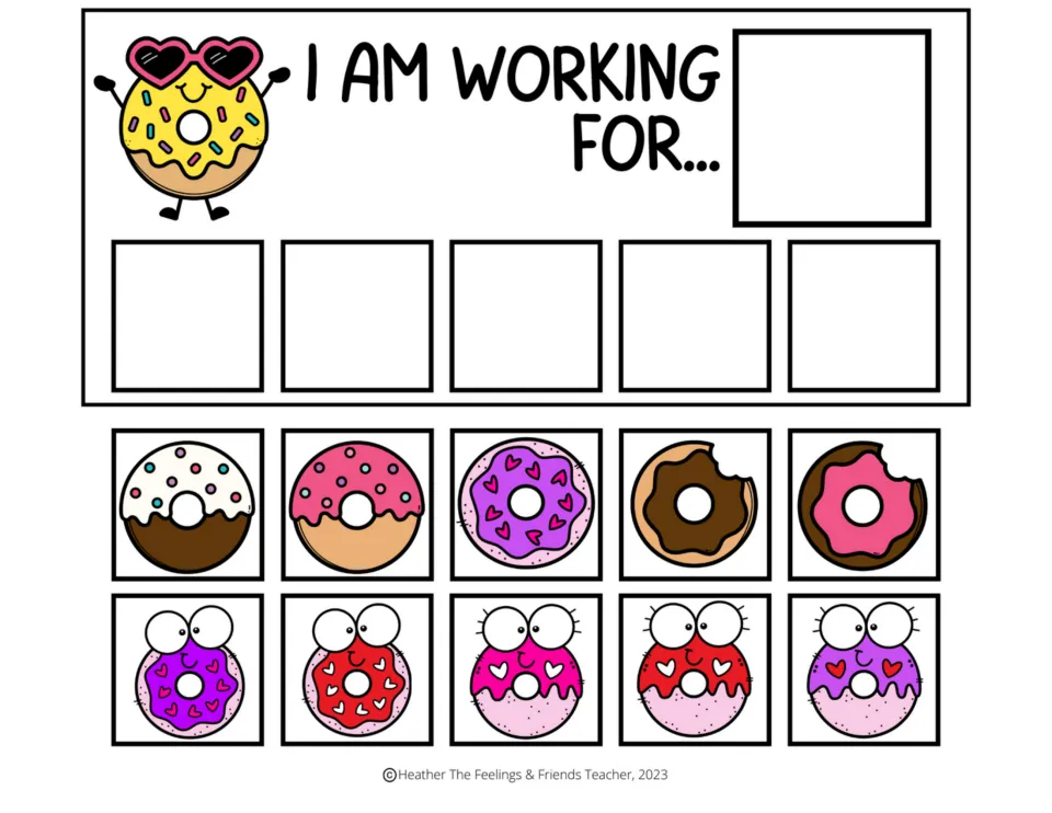 Token board 1 of 7: "I am working for..." with space for a chosen reward, five tokens, and ten donut cutouts