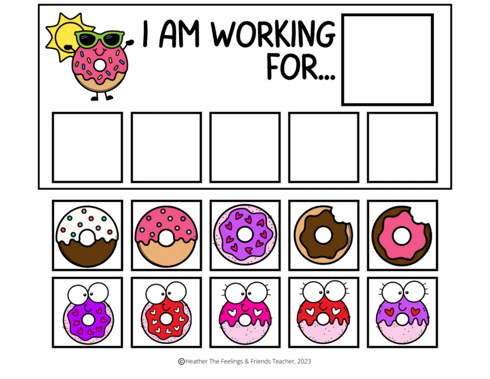 Token board 2 of 7: "I am working for..." with space for a chosen reward, five tokens, and ten donut cutouts