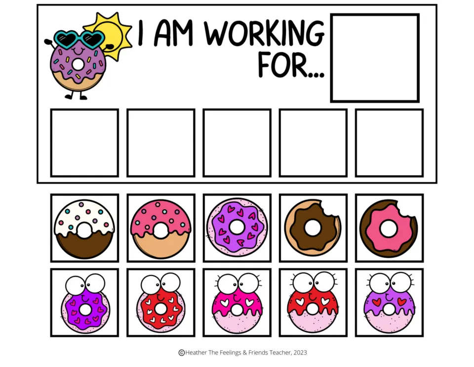 Token board 3 of 7: "I am working for..." with space for a chosen reward, five tokens, and ten donut cutouts