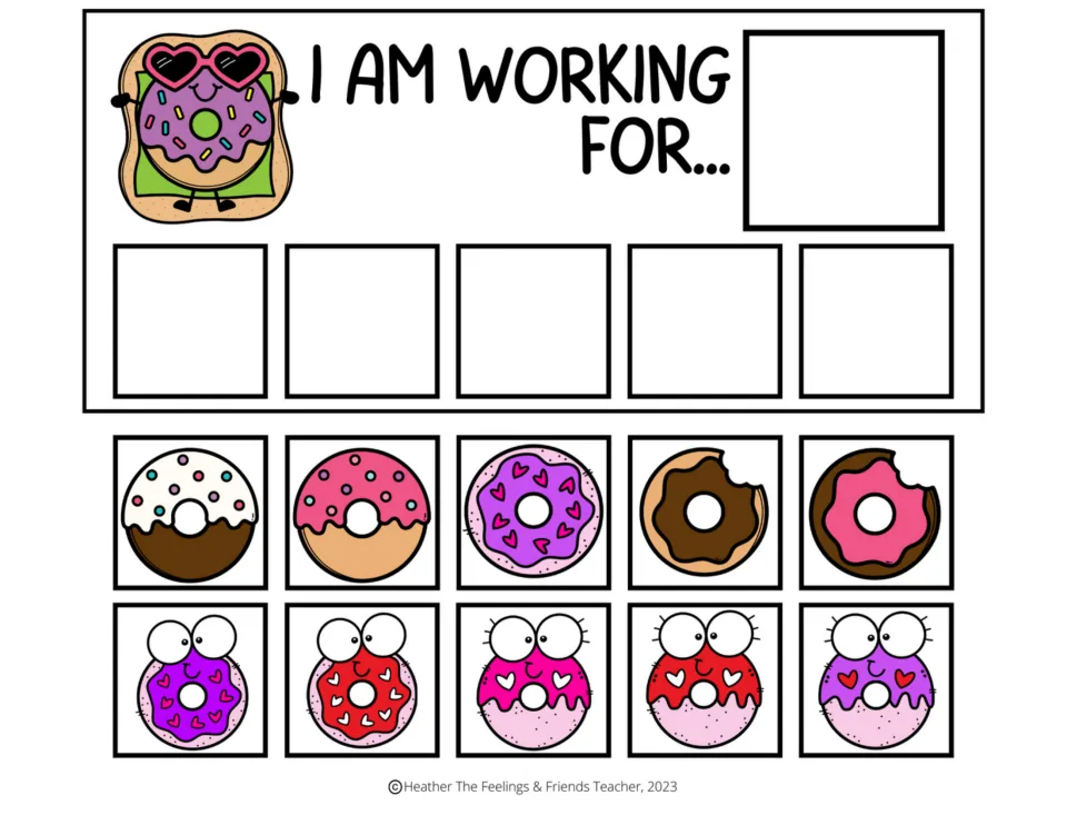 Token board 4 of 7: "I am working for..." with space for a chosen reward, five tokens, and ten donut cutouts