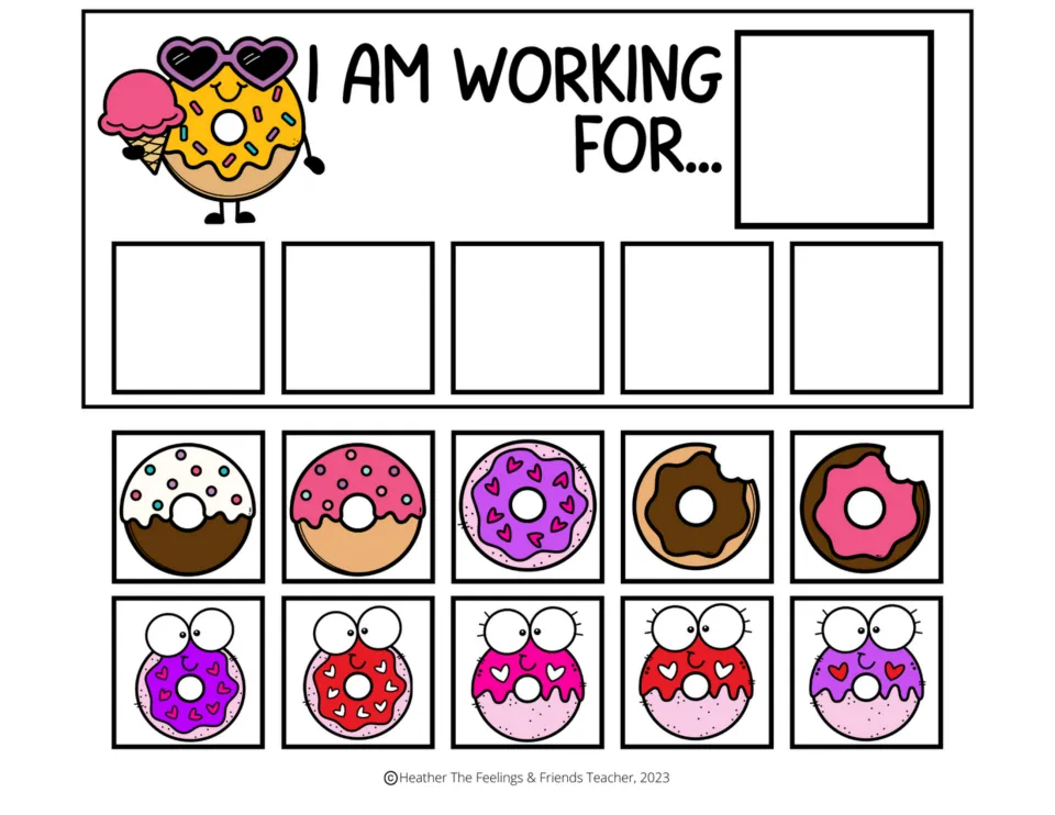 Token board 5 of 7: "I am working for..." with space for a chosen reward, five tokens, and ten donut cutouts