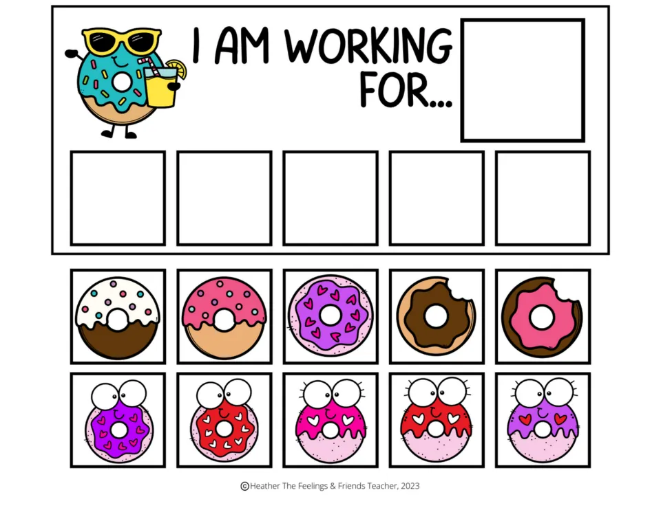 Token board 6 of 7: "I am working for..." with space for a chosen reward, five tokens, and ten donut cutouts