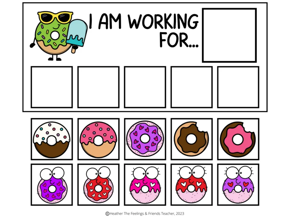 Token board 7 of 7: "I am working for..." with space for a chosen reward, five tokens, and ten donut cutouts