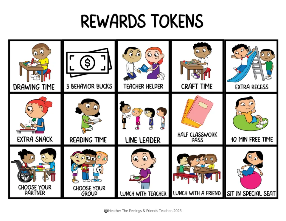 Reward cards 1–15 for token boards: drawing time, 3 behavior bucks, teacher helper, craft time, and 11 more