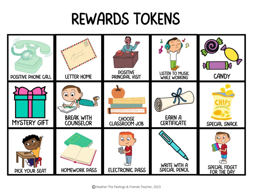 Reward cards 16–30 for token boards: positive phone call, letter home, positive principal visit, and 12 more