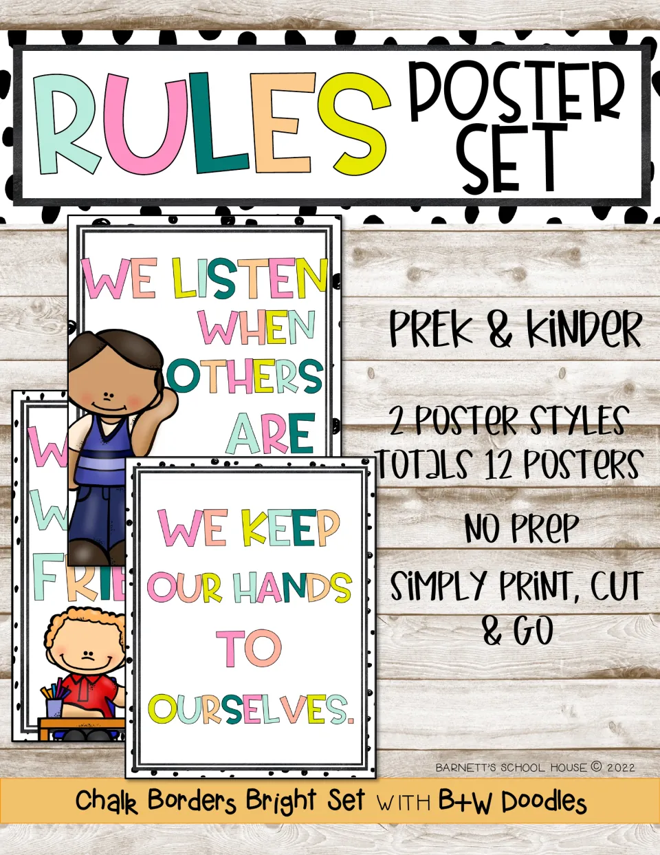 Rules poster set cover for PreK and Kinder: 2 poster styles, 12 posters in all, shown with We Keep Our Hands to Ourselves