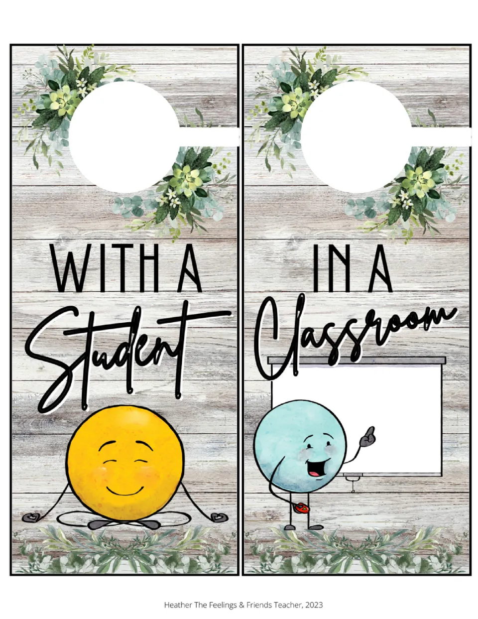 Counselor door hangers reading With a Student and In a Classroom, with a meditating smiley and a character at a whiteboard