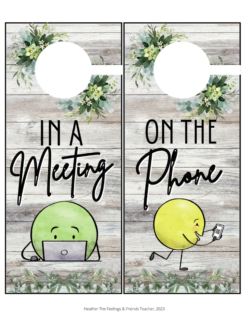 Status door hangers reading In a Meeting and On the Phone, with a green character at a laptop and a yellow one on a phone