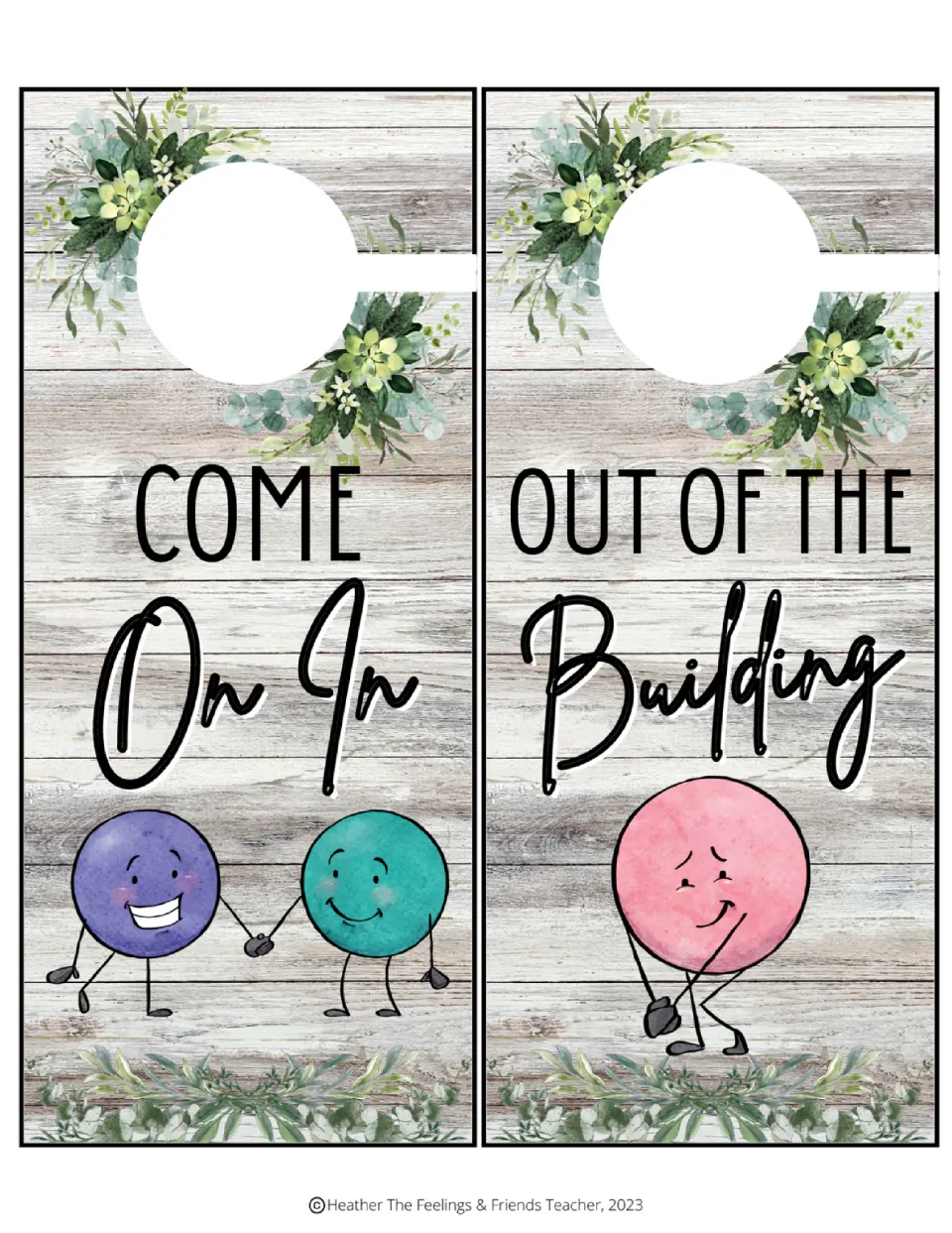 Door hangers reading Come On In and Out of the Building, with two characters holding hands and a pink character walking