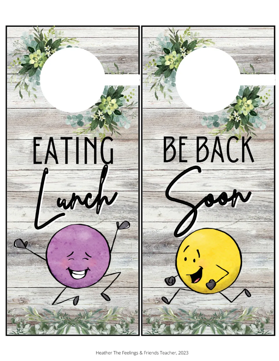 Door hangers reading Eating Lunch and Be Back Soon, with a cheering purple character and a running yellow character