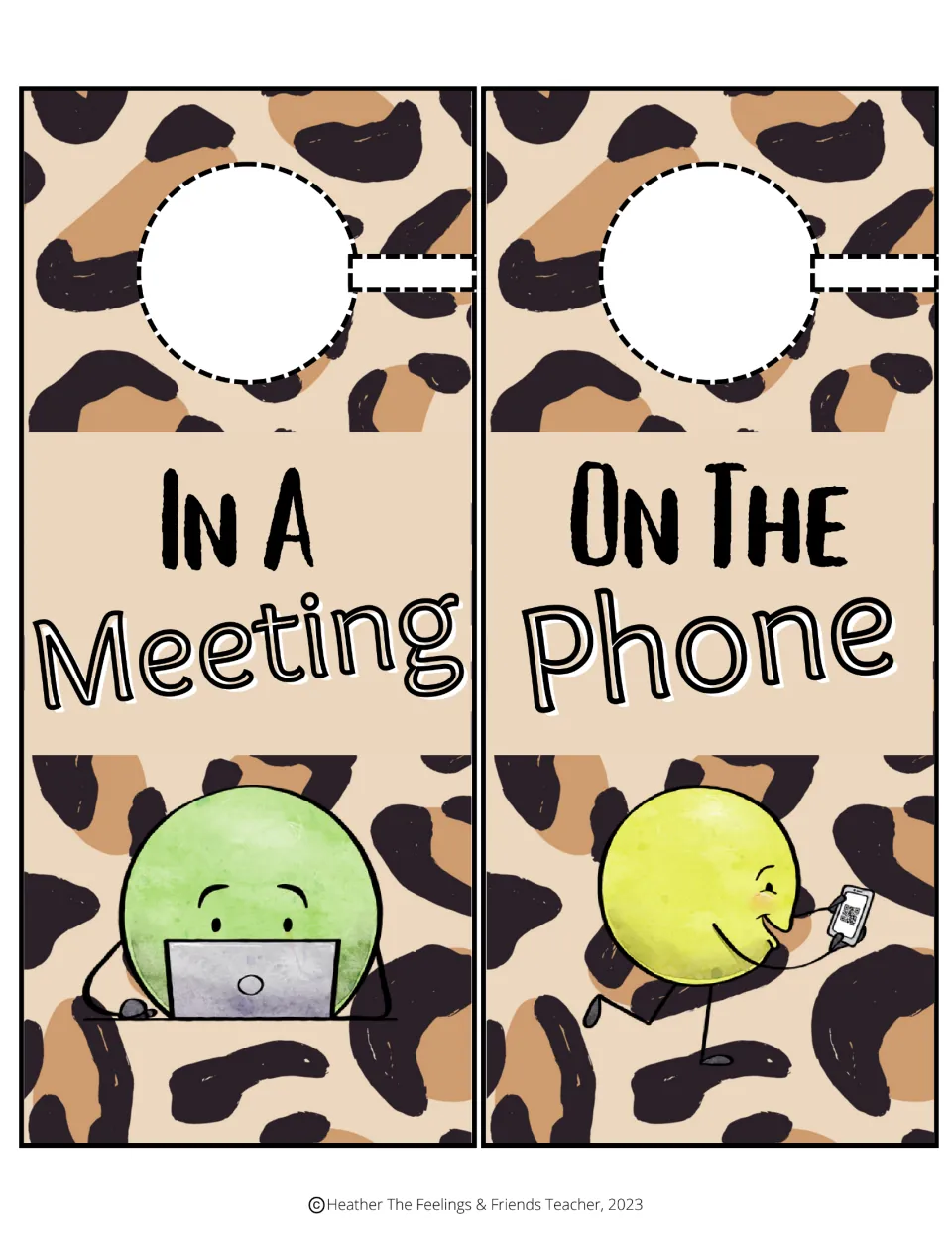 Leopard print door hangers reading "In A Meeting" with a character at a laptop and "On The Phone" with one on a mobile