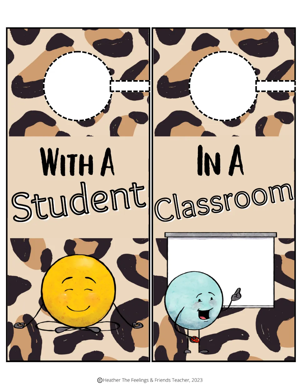 Counselor door hangers: "With A Student" shows a calm cross-legged character; "In A Classroom" has one pointing at a screen