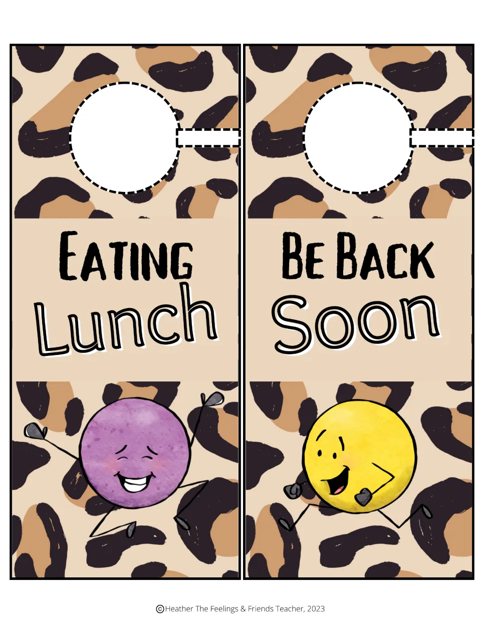 Break-time door signs: "Eating Lunch" with a cheering purple character and "Be Back Soon" with a running yellow one