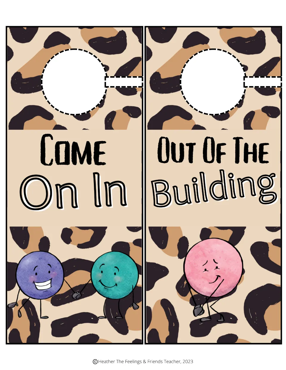 Availability hangers: "Come On In" with two characters holding hands and "Out Of The Building" with a pink one walking