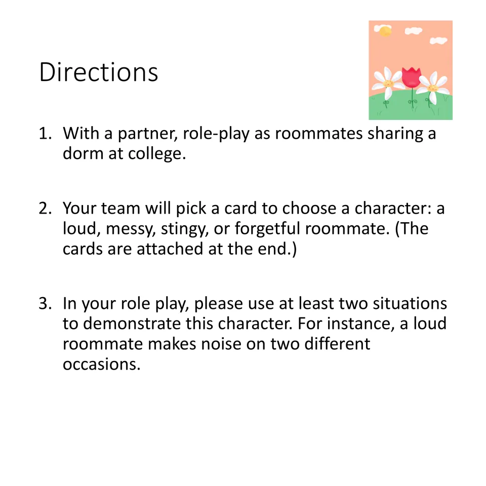 Role-play directions: work with a partner, pick a roommate character card, and demonstrate it in two situations
