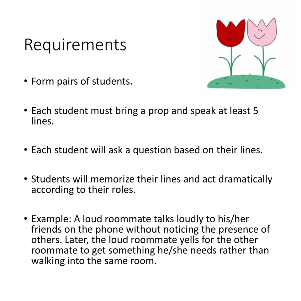 Role-play requirements: each partner brings a prop, speaks at least five lines, asks a question, and memorizes lines
