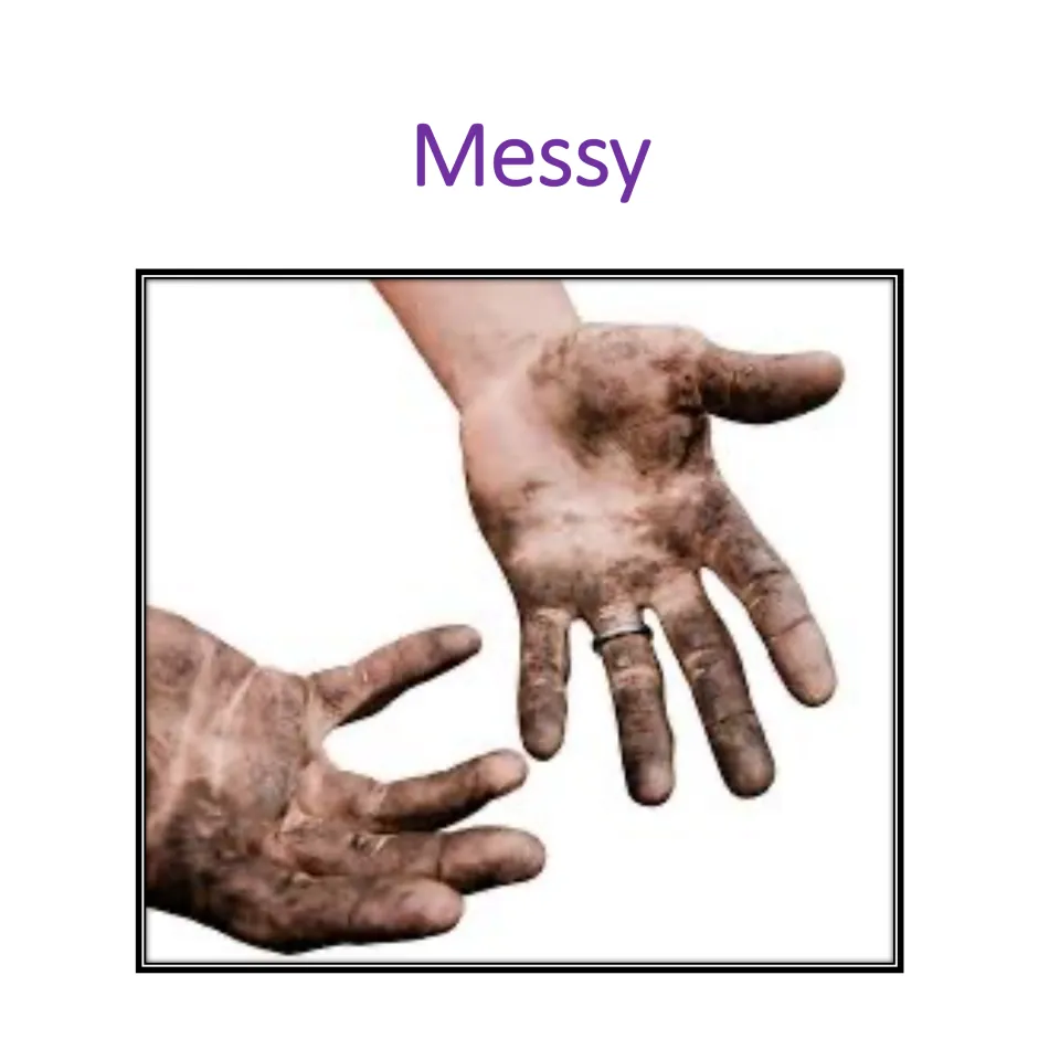 Messy roommate character card for the partner dorm role-play, illustrated by a photograph of dirty hands