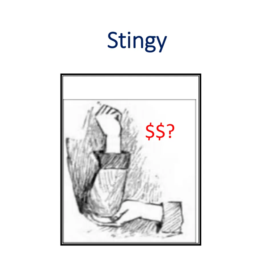 Stingy roommate character card for the partner dorm role-play, illustrated with an arm drawing and dollar signs