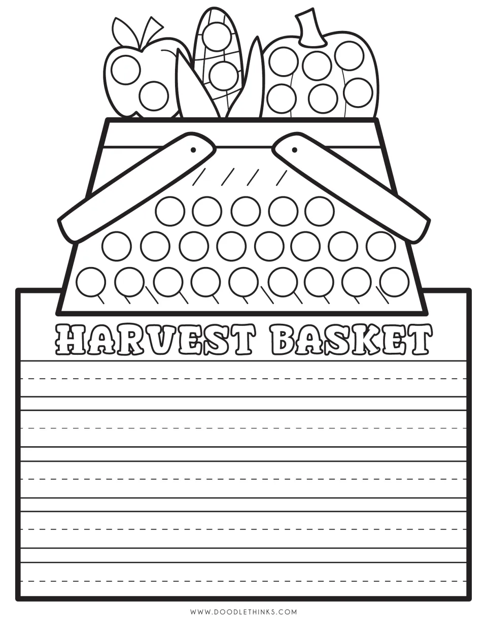 Harvest Basket: students paint dots on an apple, corn and pumpkin in a basket, then write about the fall harvest below it