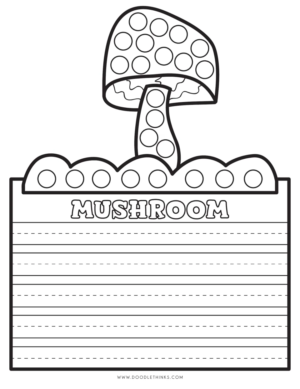 Mushroom on a grassy mound: students dot-paint the cap, stem and ground, then write sentences about the mushroom picture