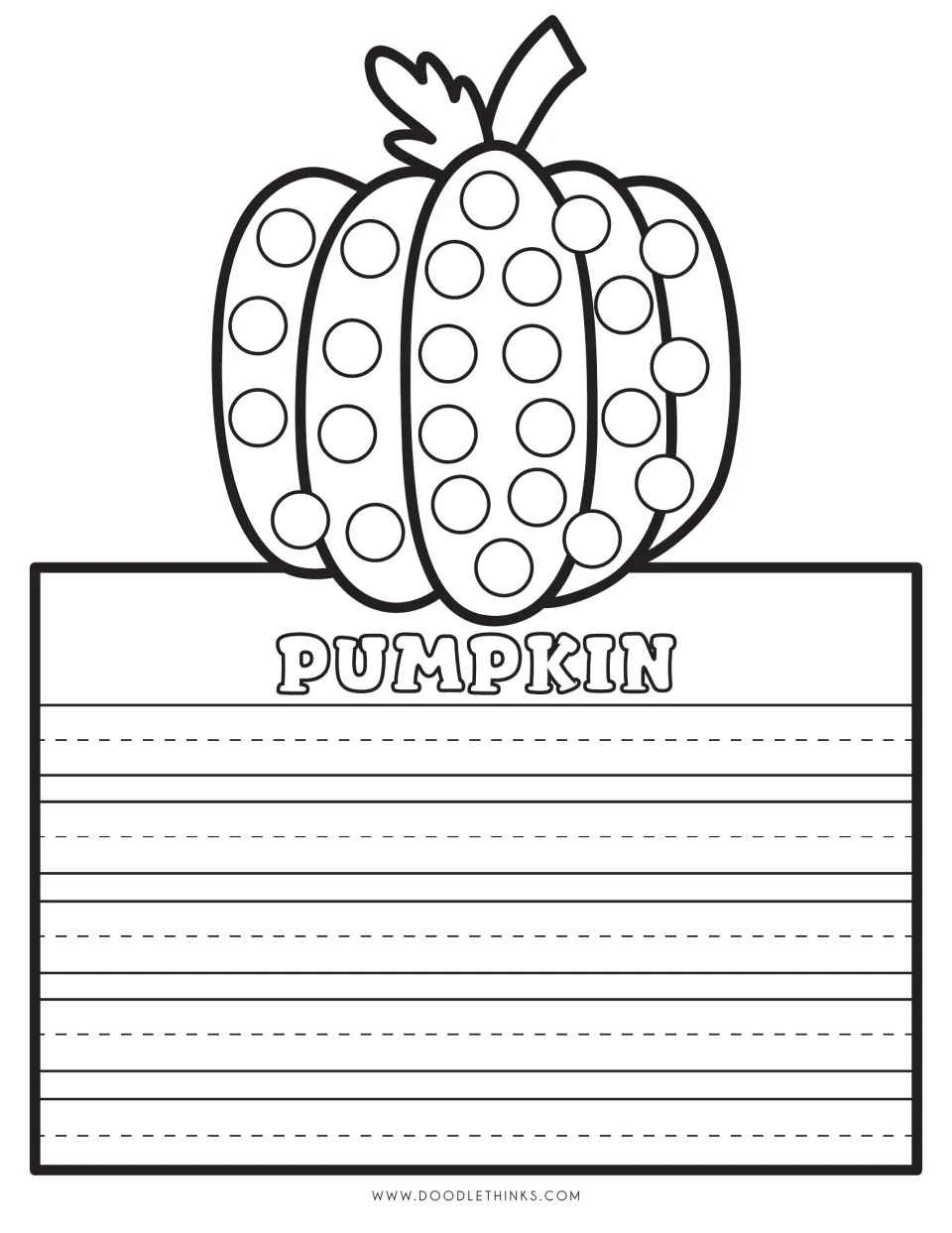 Pumpkin dot art: learners fill the circles on a large ribbed pumpkin with paint or marker and write about it underneath