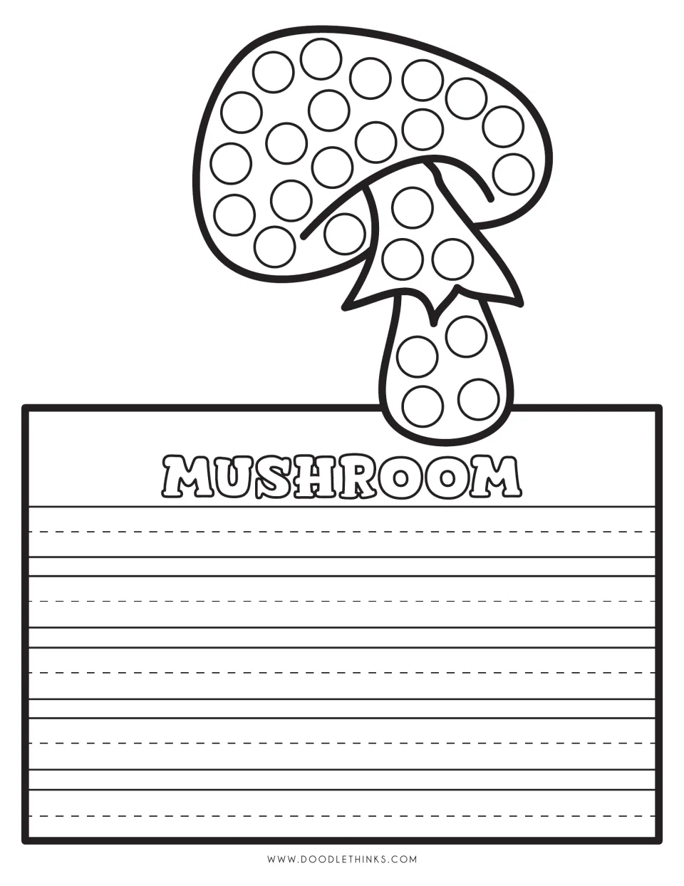 Second mushroom: students paint dots on a tilted mushroom cap and stem, then write about the picture in the space below