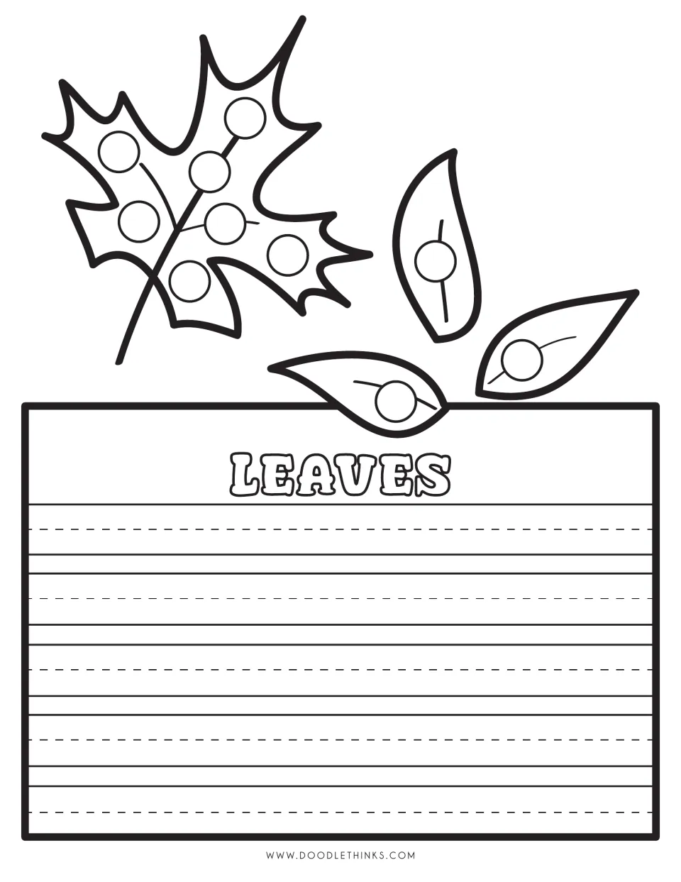 Leaves: students dot a maple leaf and three smaller falling leaves, color them, then write about autumn leaves