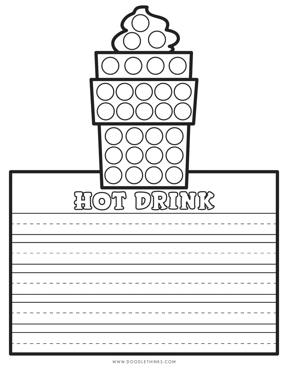 Hot Drink: students paint dots on a whipped-cream topped cup with a sleeve, then write about a cozy fall drink