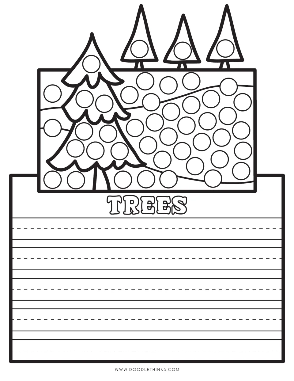 Trees: students dot-paint a pine tree, three small trees and a rolling hillside scene, then write about the forest