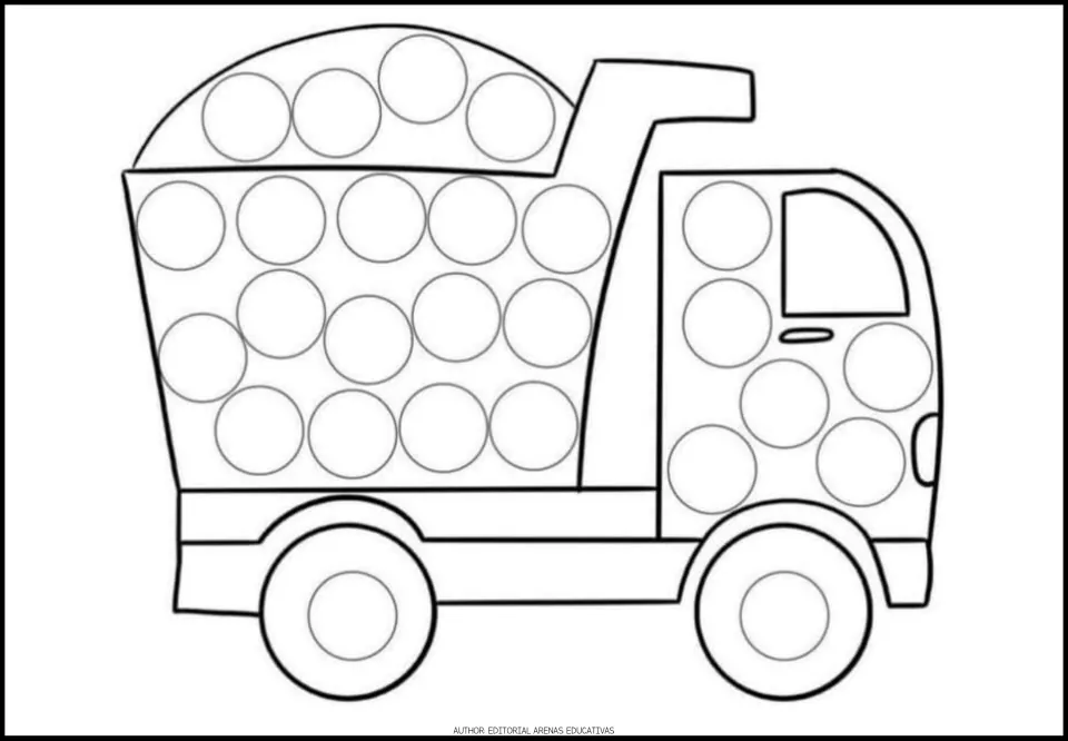 Transportation dot activity sheet 1 of 9: a dump truck with circles across its load, cargo bed, cab and wheels