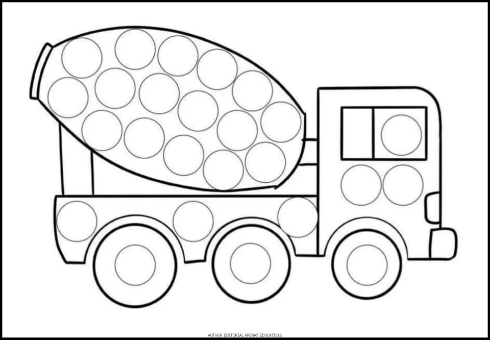 Transportation dot activity sheet 2 of 9: a cement mixer truck with circles on its drum, cab and three wheels
