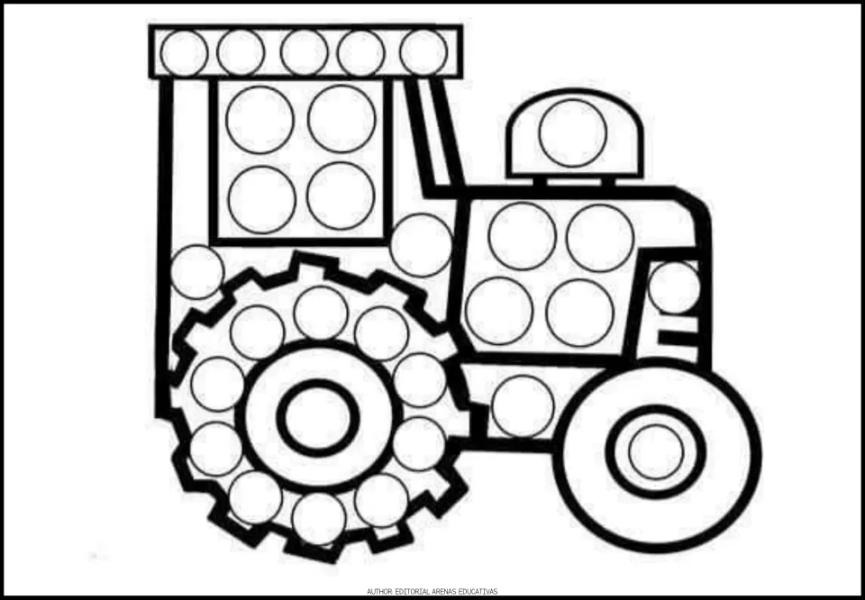 Transportation dot activity sheet 3 of 9: a tractor with circles on its roof, cab, hood and large rear tire